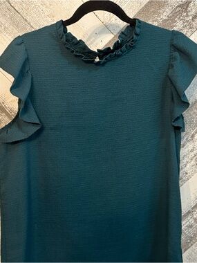 SHEIN Teal Ruffle Neck Short Sleeve Blouse